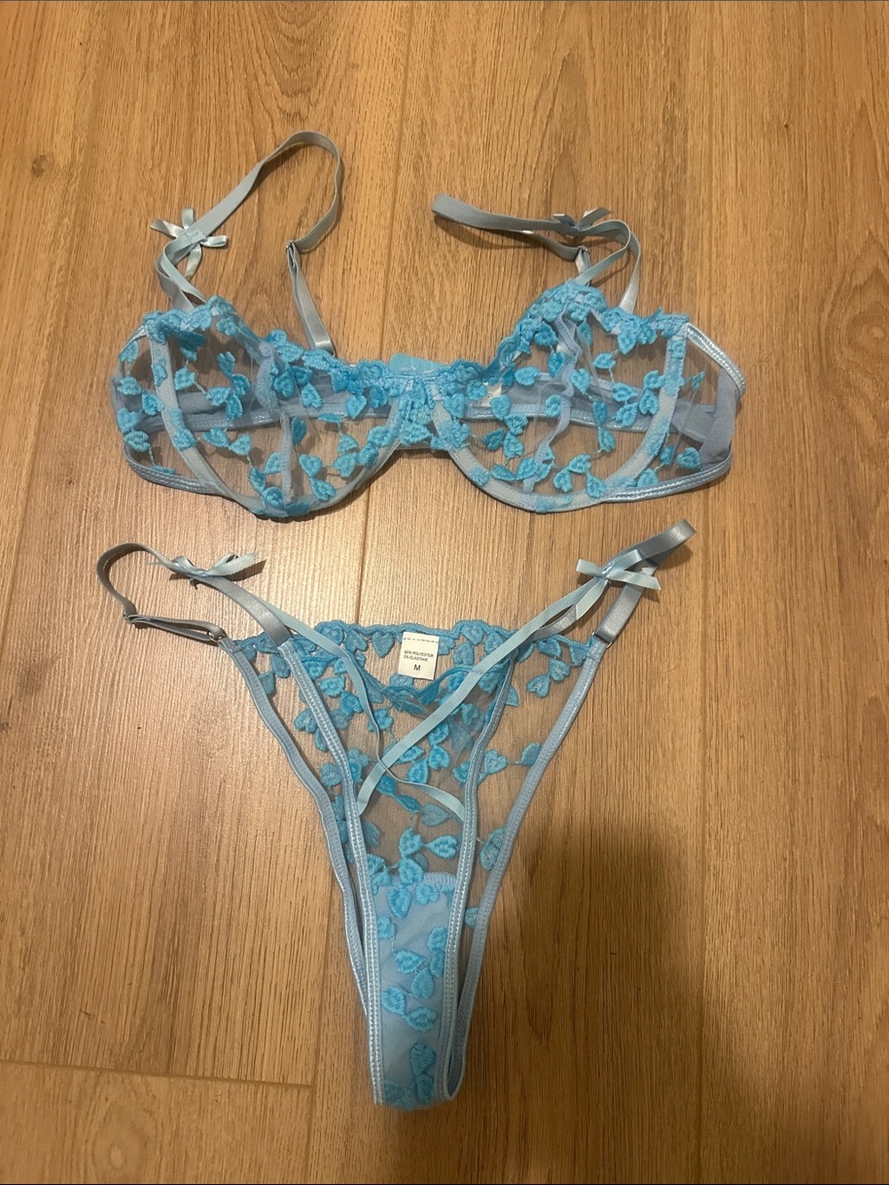 Sheer Floral Embroidered Blue Lingerie Set - Two-Piece Intimate